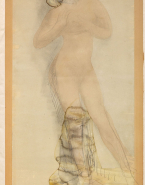 Femme nue debout, tenant son sein droit