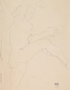 Femme nue de profil à droite, levant bras et jambe