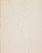 Femme nue debout vers la gauche, les mains au menton