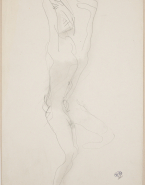 Femme nue de profil à droite, une jambe et deux bras levés