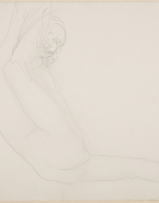 Femme nue debout en équilibre sur une jambe et tenant l'autre dans ses mains contre son visage penché