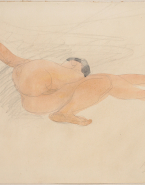 Femme nue étendue, la croupe en avant, les bras écartés, une jambe allongée, l'autre repliée