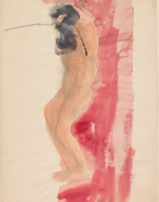 Homme nu et barbu, vu de profil, aux genoux pliés