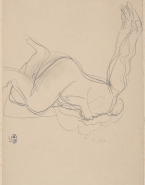 Femme nue un genou en terre, de profil à droite, un bras tendu en arrière