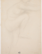 Femme nue de profil, une jambe haut levée