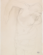 Femme nue à demi allongée sur le côté droit, en appui sur un avant-bras