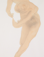 Femme nue, une jambe à demi-repliée et les mains jointes en arc de cercle devant