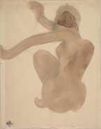 Femme nue assise de dos, les bras tendus
