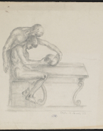 Jeune homme assis à une table tenant un crâne dans sa main ; un homme penché derrière lui