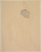 Femme nue assise, vue de dos, un bras levé