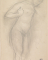 Femme nue debout, tournée vers la droite, une main sous l'aisselle