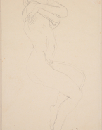 Femme nue allongée vers la droite, les bras croisés autour du cou