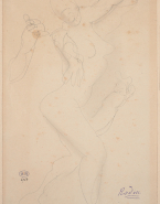 Femme nue de profil vers la droite, dans un mouvement de danse