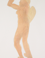 Femme nue de profil, un bras levé