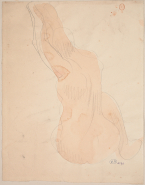 Femme nue assise, de dos, aux bras levés