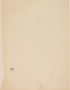 Femme nue assise de profil à droite, regardant la paume de ses mains