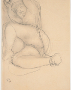 Femme nue allongée, vers la gauche, un pied posé sur un genou, les mains réunies au-dessus de la tête
