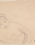 Femme nue allongée sur le ventre, en appui sur un avant-bras