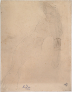 Femme nue assise de profil, vers la gauche et appuyée sur un coude et sur une main