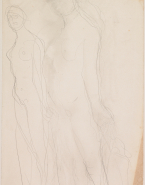 Femme nue debout, tournée vers la gauche, tenant derrière elle un vêtement