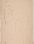 Femme nue de dos, penchée en avant, en appui sur le bras et la jambe gauche