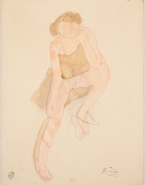 Femme assise, à demi nue, une jambe écartée