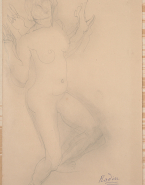Femme nue debout, les avant-bras levés dans un mouvement de danse