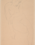 Femme nue assise vers la droite, une jambe repliée sous elle, une main sur l'autre bras