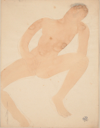 Femme nue allongée, aux jambes écartées, une main au sexe
