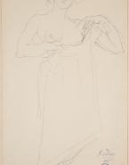 Femme debout, à la poitrine dénudée, passant un vêtement dite Psyché