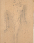 Femme nue levant la jambe et le bras droits
