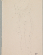 Femme nue debout, de face, se tenant un bras