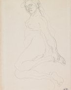 Femme nue allongée vers la gauche, jambes repliées, une main à la cheville