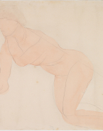 Femme nue de profil, agenouillée vers la gauche, une main au cou