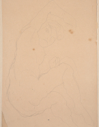 Femme nue assise vers la droite, un bras levé au-dessus du visage