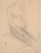 Femme nue assise vers la droite, la tête appuyée contre un bras replié