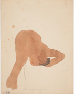Femme nue sur le dos, jambes dressées et croisées, bras repliés au-dessus de la tête