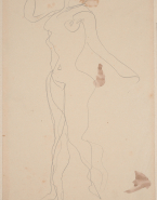 Femme nue tournée vers la gauche, les bras écartés