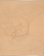 Femme nue allongée, jambes écartées et mains au front
