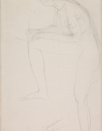 Femme nue debout, de profil à gauche, écrivant sur un genou levé