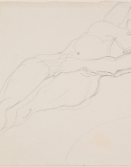 Femme nue allongée vers la gauche, une main sous la nuque, l'autre au sexe