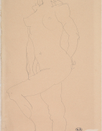 Femme nue debout vers la gauche, une jambe soulevée