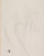 Femme nue debout ,de profil, renversée, une main au front