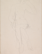 Femme nue assise, de face, jambes croisées et main au visage