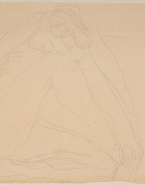 Femme nue assise en triangle, une jambe repliée contre elle