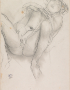 Femme nue allongée aux jambes écartées, les mains au sexe