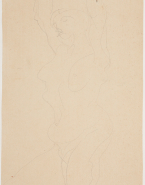 Femme nue aux bras levés, de profil vers la gauche