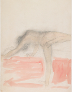 Femme nue de trois-quarts, une jambe levée et repliée, le buste penché en avant