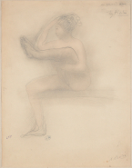 Femme nue assise vers la gauche, une jambe levée, une main à la chevelure