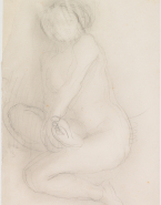 Femme nue assise de trois-quarts ramenant un pied sur une cuisse